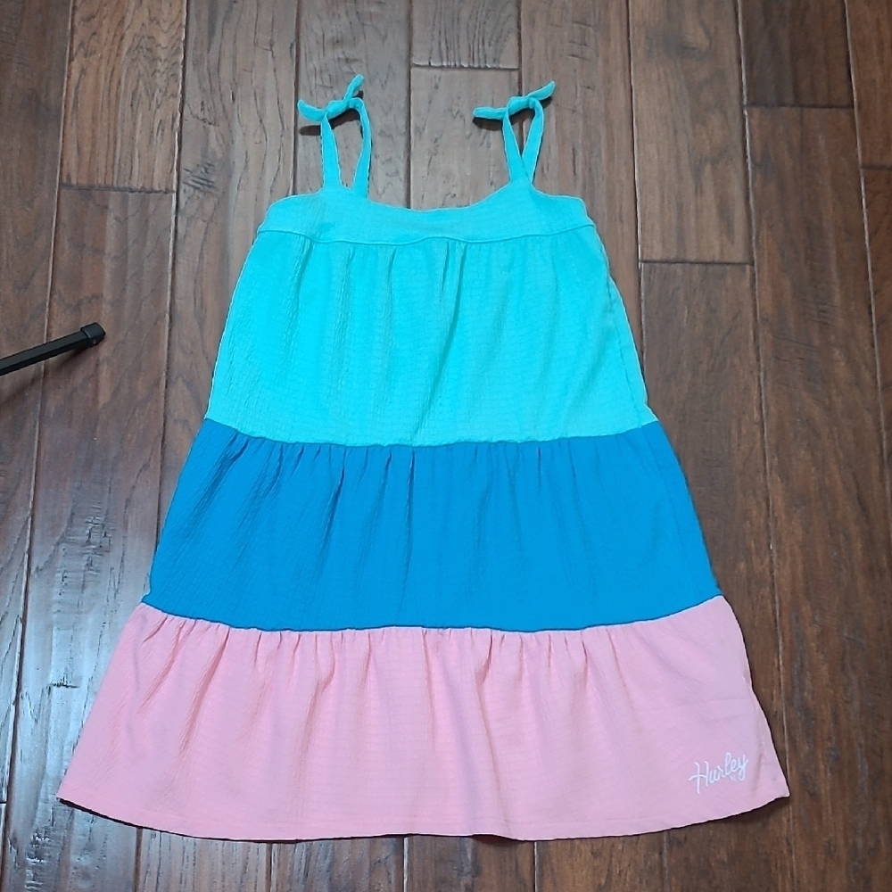 Hurley Sleeveless Teal, Blue, & Pink Colorblock Tiered Sun Dress size Large